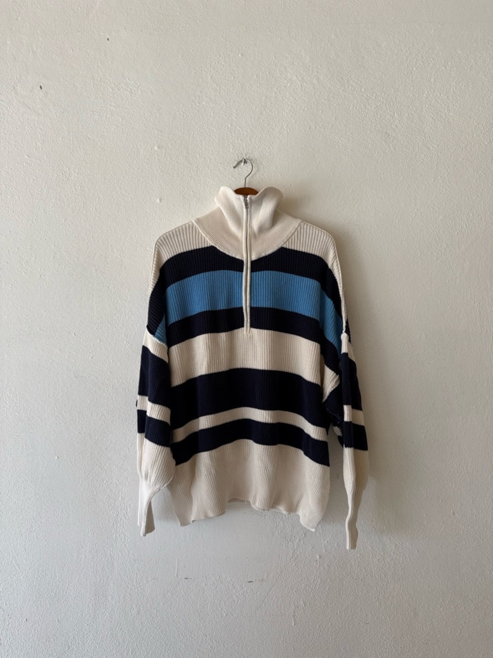 Aerie Striped Half Zip Sweater Women Size‎ Large Blue Navy Cream Oversized